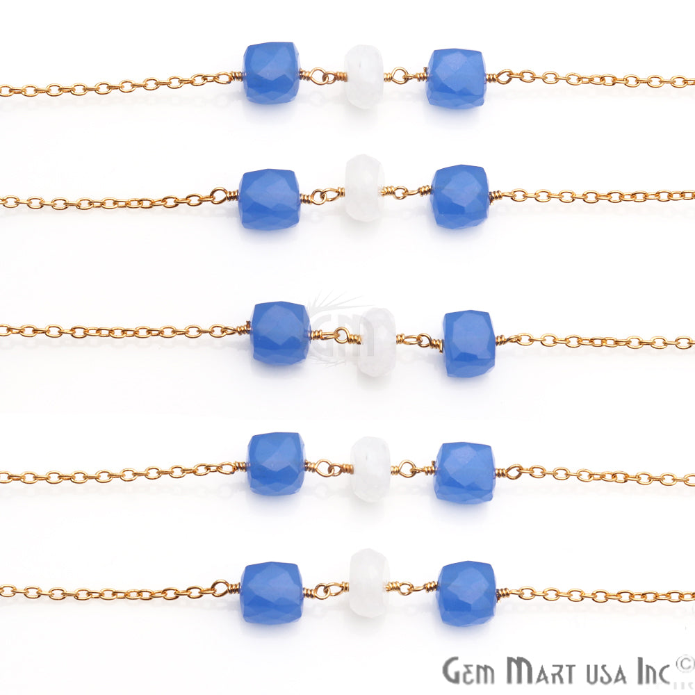 Rainbow Moonstone 8-9mm Blue Chalcedony 7-8mm Beaded Gold Plated Wire Wrapped Rosary Chain