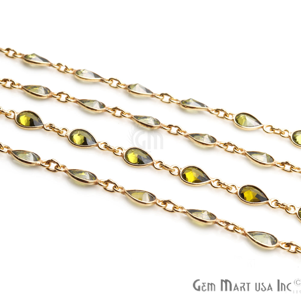 Olive Green 6x4mm Pear Shape Gold Plated Continuous Connector Chain - GemMartUSA