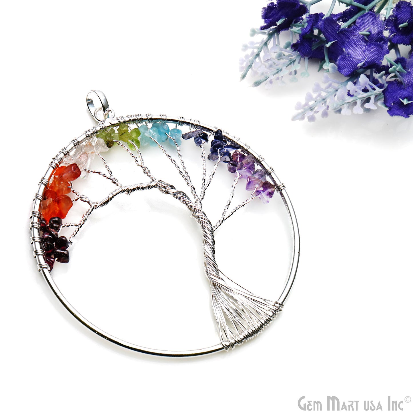 7 Chakra Tree Of Life 79x73mm Silver Wire Wrapped Round Shape Pendant