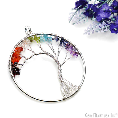 7 Chakra Tree Of Life 79x73mm Silver Wire Wrapped Round Shape Pendant