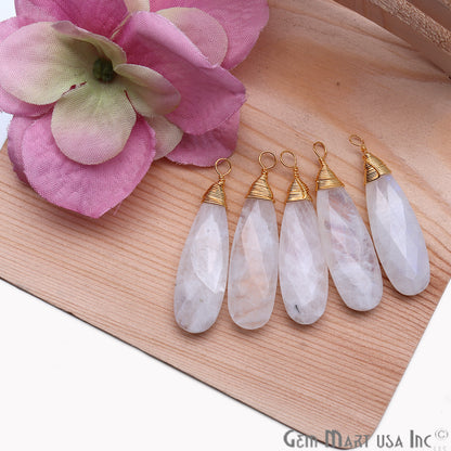 Rainbow Moonstone Pear 37x10mm Gold Wire Wrapped Gemstone Connector - GemMartUSA