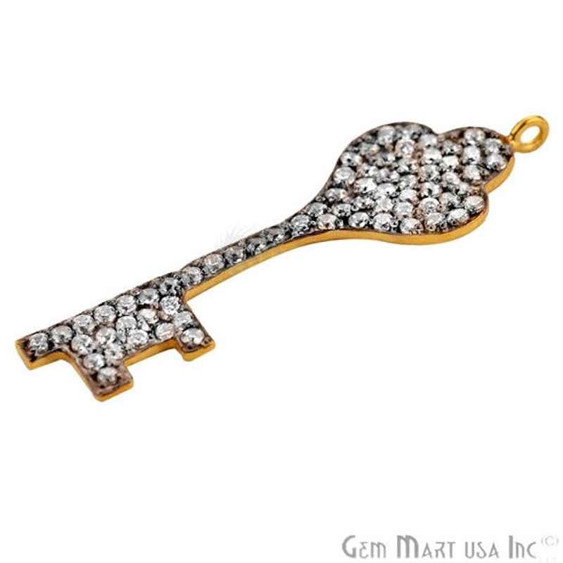 Cubic Zircon Pave 'Fancy Key' Gold Vermeil Charm For Bracelet & Pendants - GemMartUSA