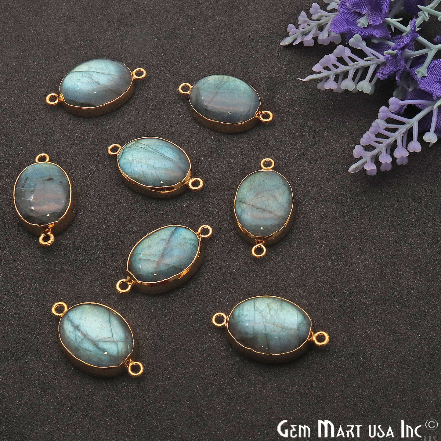 Labradorite Cabochon 27x15mm Oval Gold Electroplated Double Bail Gemstone Connector - GemMartUSA