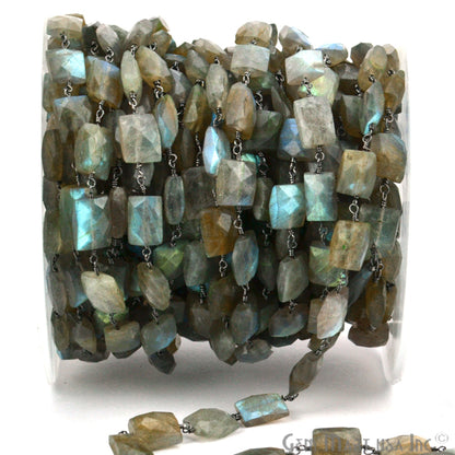 Labradorite Rectangle 7x9mm Beaded Oxidized Wire Wrapped Rosary Chain - GemMartUSA