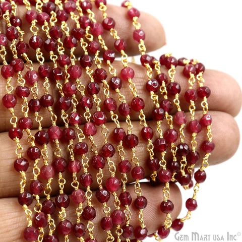 Dark Cherry Jade Beads 4mm Gold Plated Wire Wrapped Rosary Chain