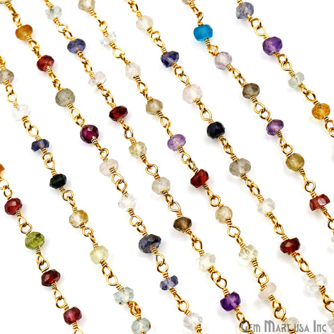 Multi Color Zircon Faceted Beads 3-3.5mm Gold Plated Gemstone Rosary Chain