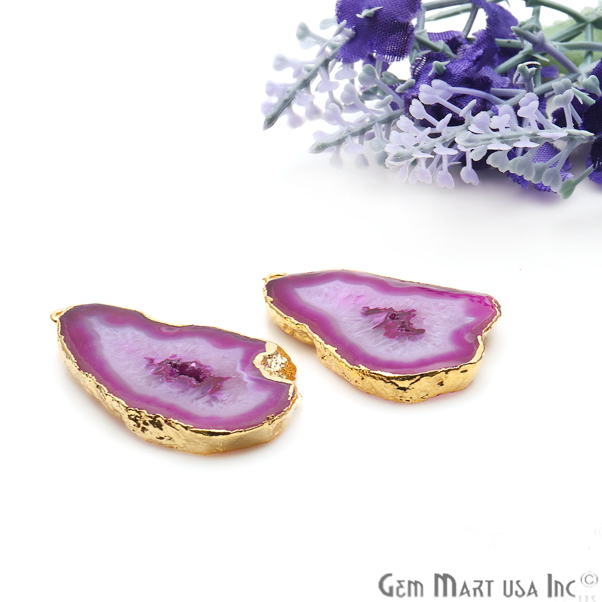 Agate Slice 23x42mm Organic Gold Electroplated Gemstone Earring Connector 1 Pair - GemMartUSA