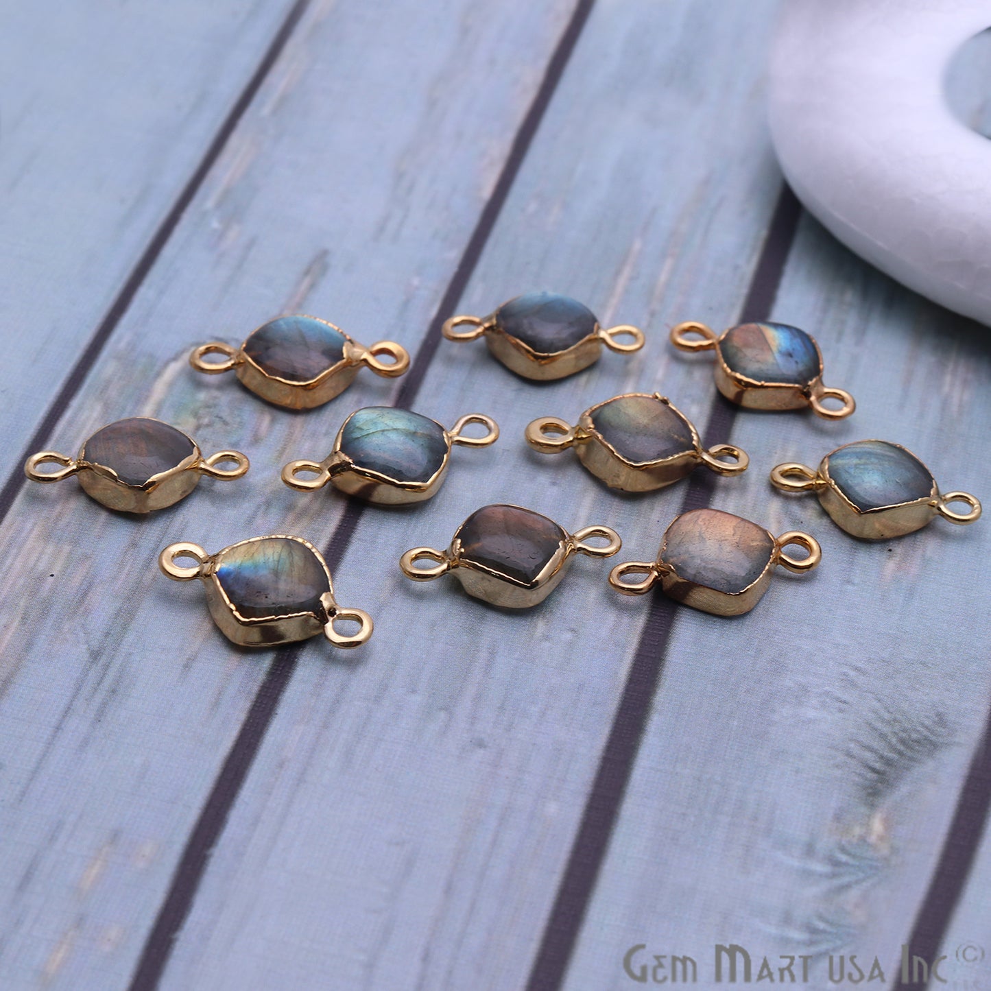 Flashy Labradorite 8mm Cushion Shape Gold Electroplated Double Bail Connector - GemMartUSA