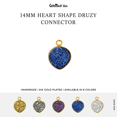 Natural Titanium Druzy 14mm Gold Single Bail Heart Gemstone Connector