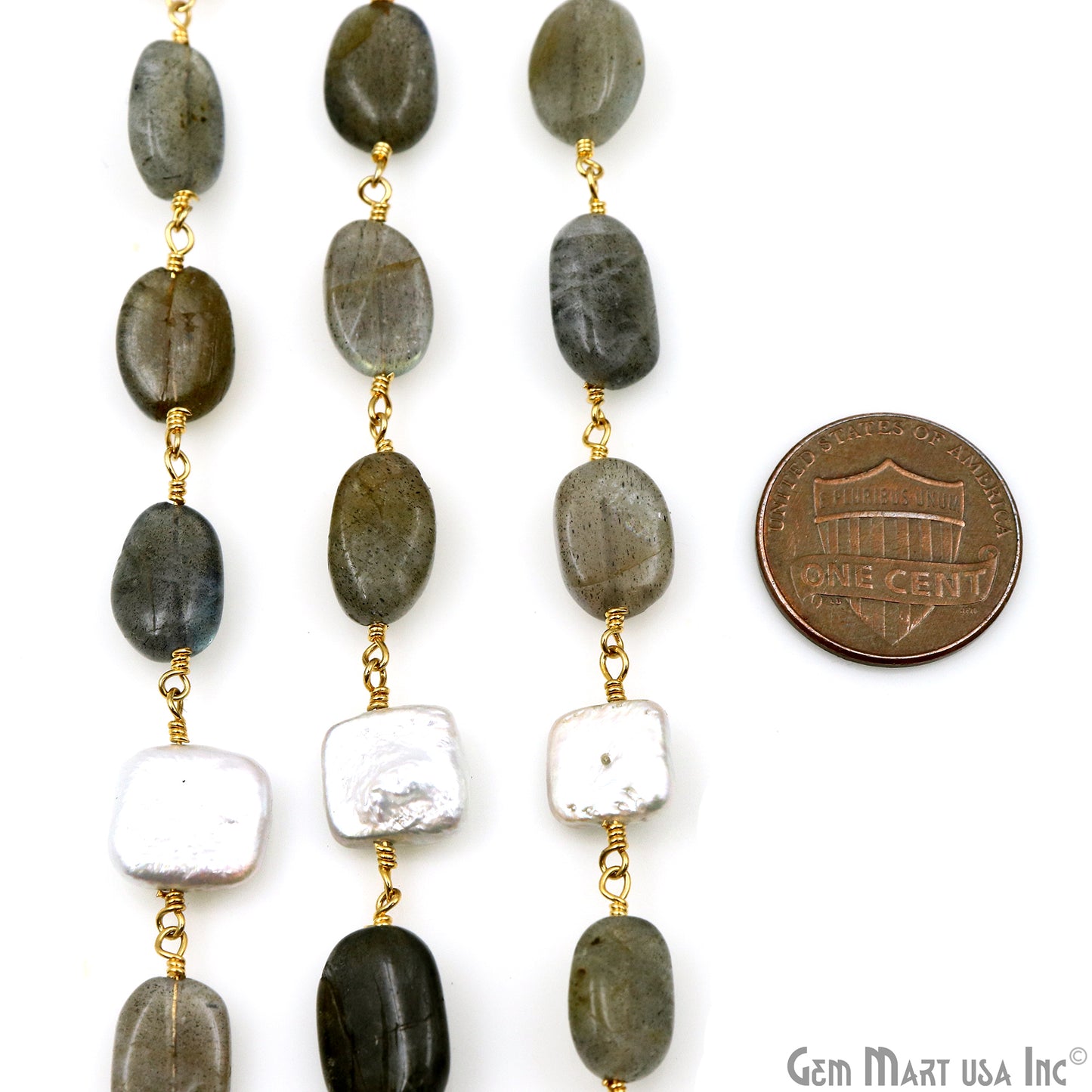 Labradorite & Pearl Tumble Beads Gold Plated Rosary Chain