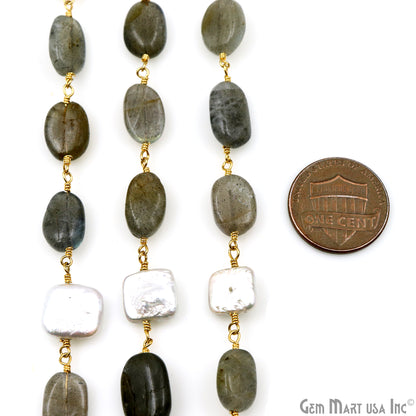 Labradorite & Pearl Tumble Beads Gold Plated Rosary Chain