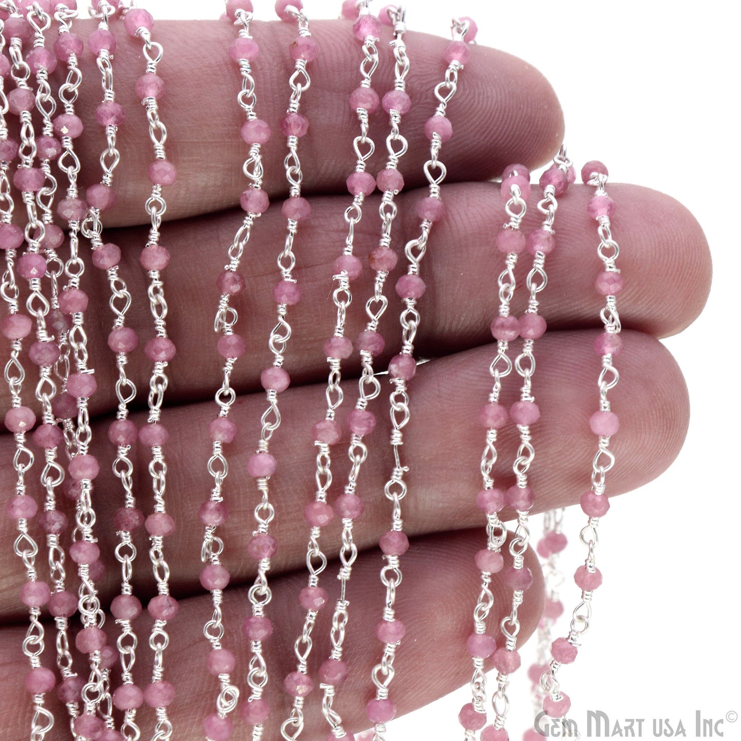 Pink Tourmaline Gemstone Silver Wire Wrapped Bead Rosary Chain