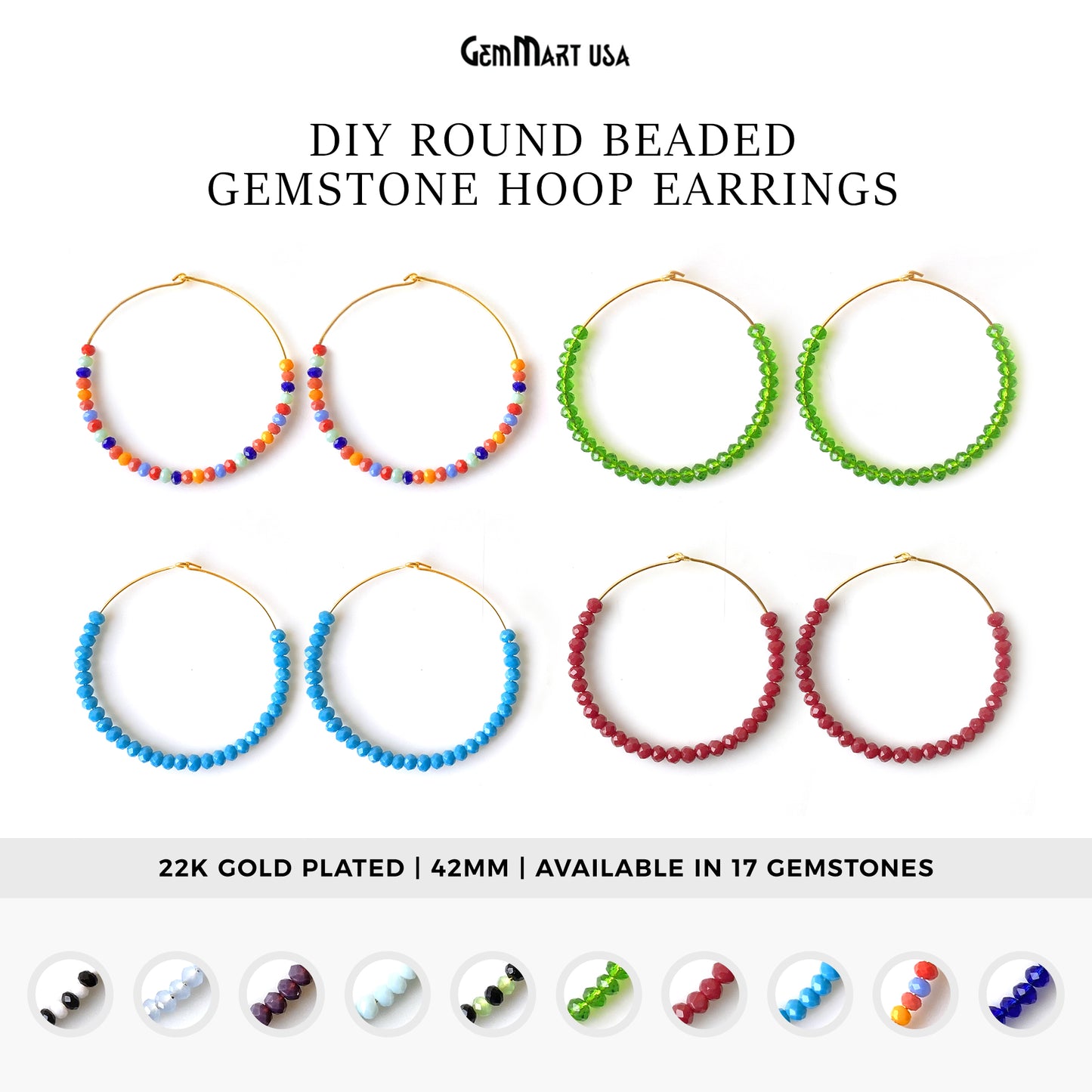 Round Beaded 42mm Gemstone Gold Plated Hoop Earrings