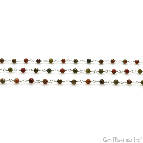 Unakite Faceted 3-3.5mm Silver Plated Beaded Wire Wrapped Rosary Chain