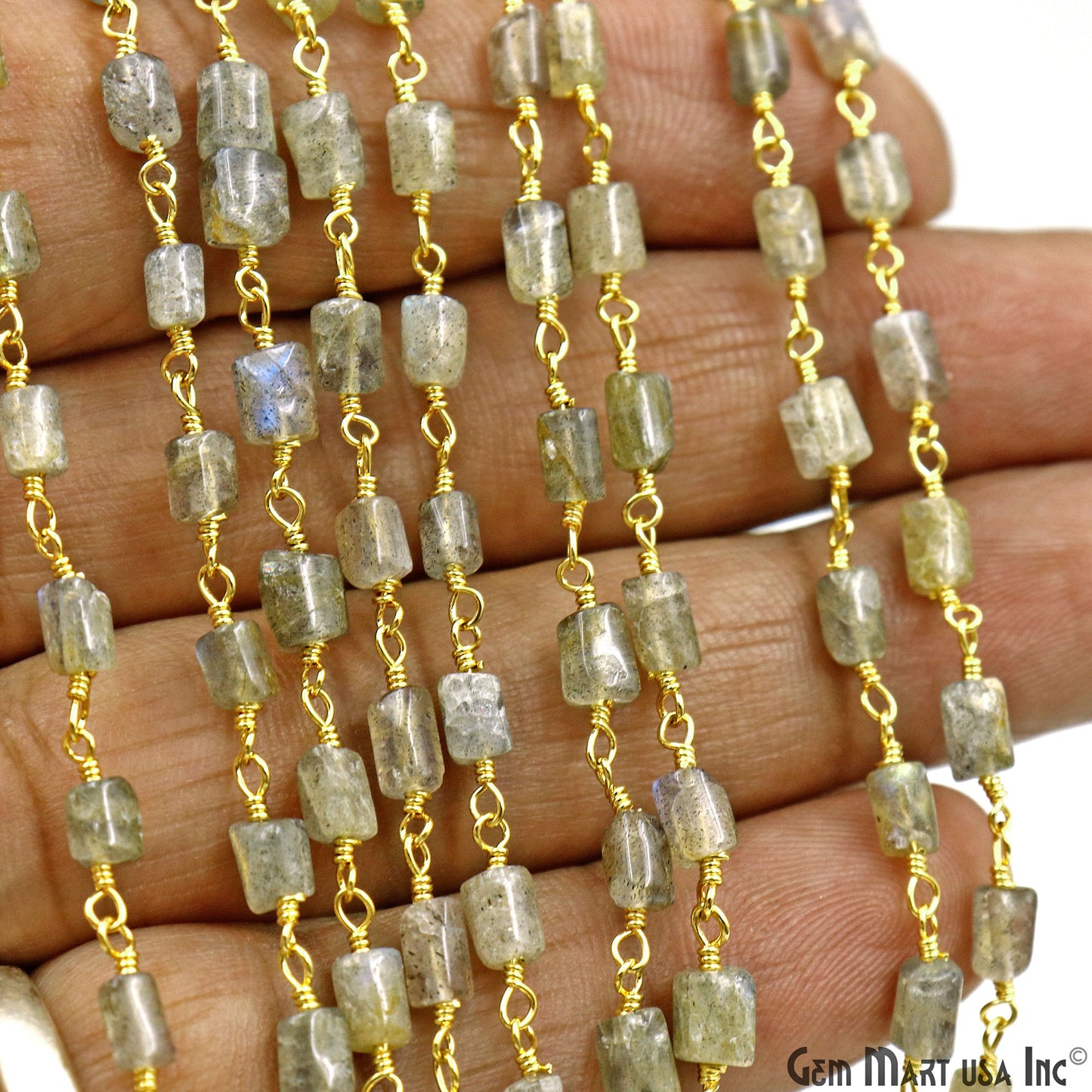 Labradorite Cabochon Tumble Beads 10x5mm Gold Plated Wire Wrapped Rosary Chain