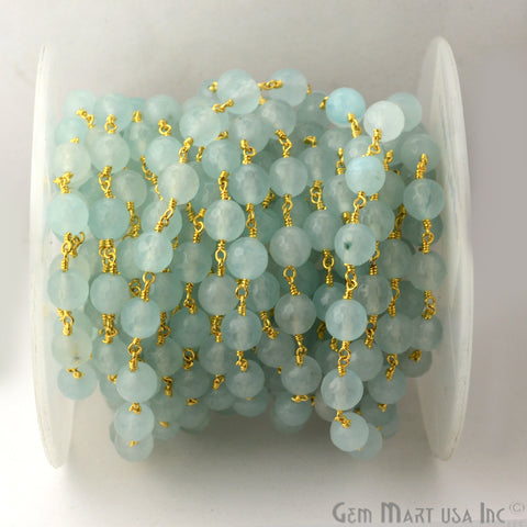 Aqua Jade Faceted Beads Gold Plated Wire Wrapped Rosary Chain - GemMartUSA