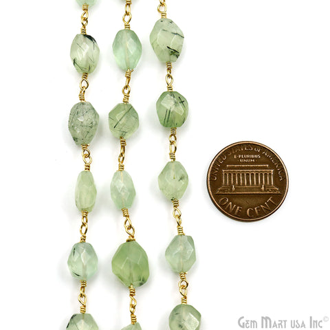 Green Rutile Faceted Beads 6x8mm Gold Wire Wrapped Rosary Chain