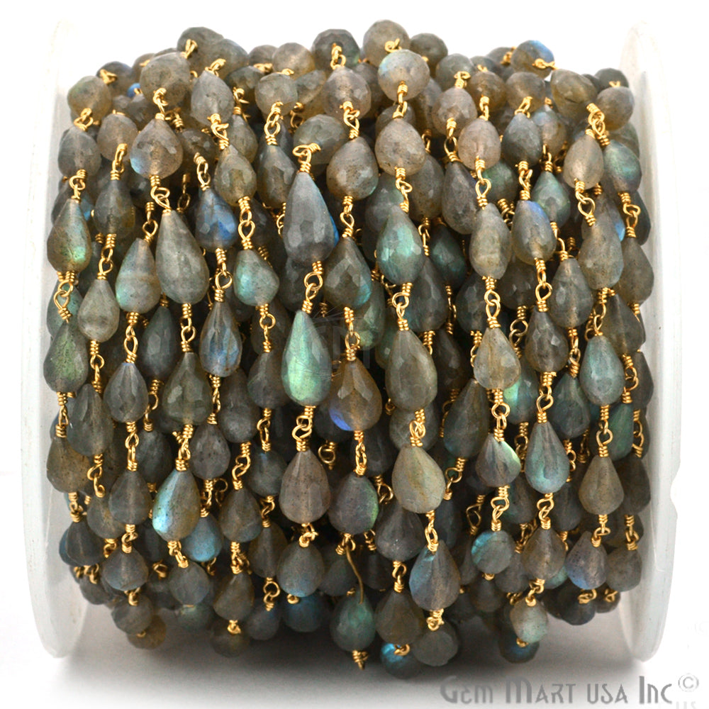 Labradorite Drop Beads 7x9mm Gold Plated Wire Wrapped Rosary Chain - GemMartUSA