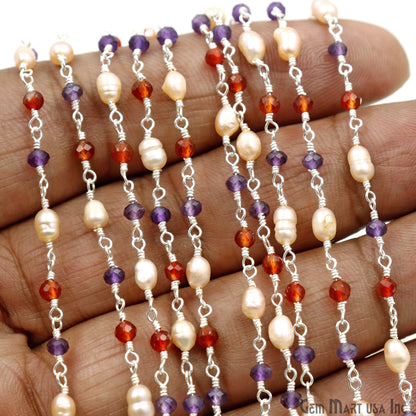 Multi Stone & Pearl Beads 3-3.5mm Silver Plated Wire Wrapped Rosary Chain