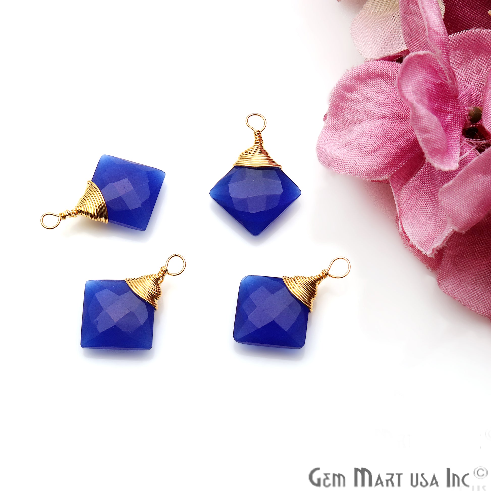 Blue Chalcedony Square 12mm Gold Plated Wire Wrapped Gemstone Connector - GemMartUSA