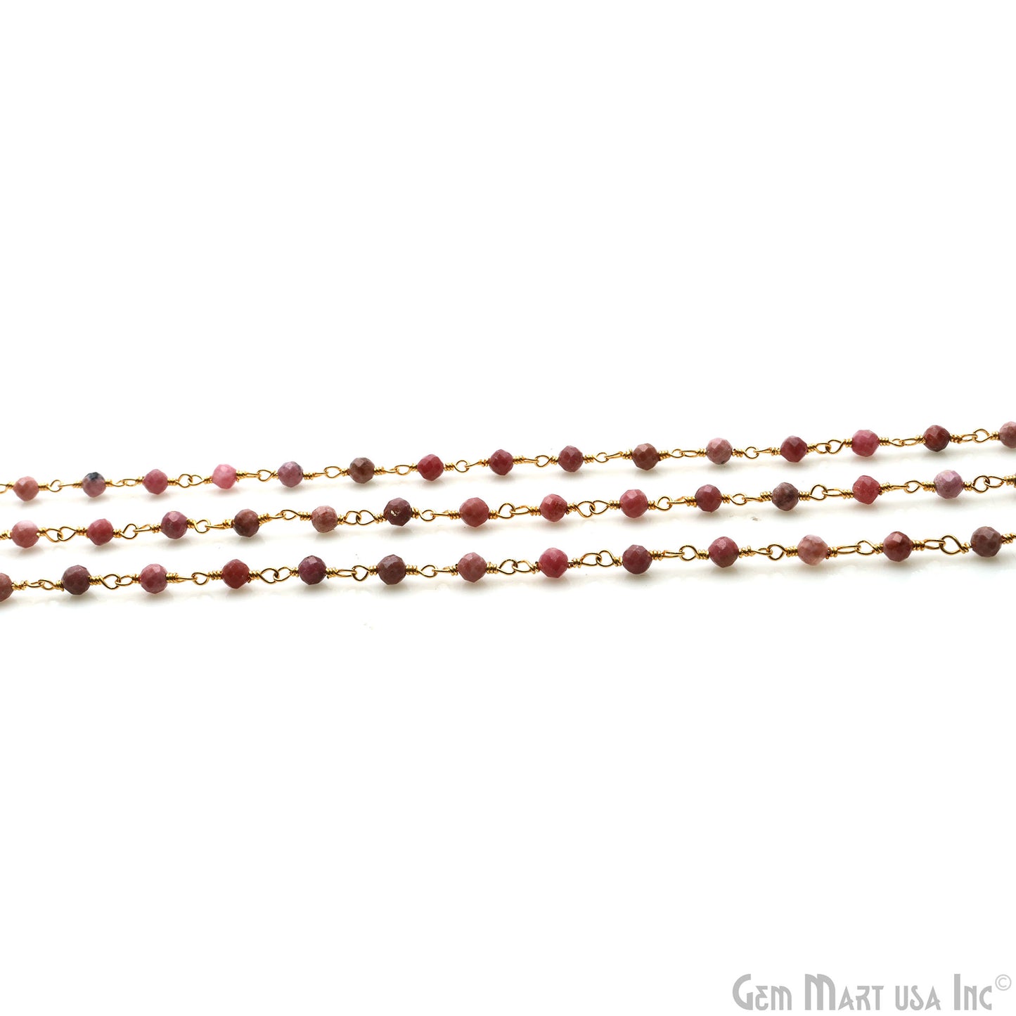 Rhodochrosite Faceted Beads 3-3.5mm Gold Plated Wire Wrapped Rosary Chain