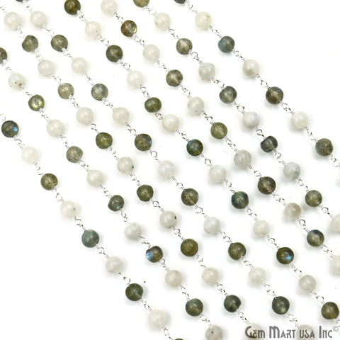 Labradorite & Rainbow Cabochon Beads 5-6mm Silver Plated Gemstone Rosary Chain