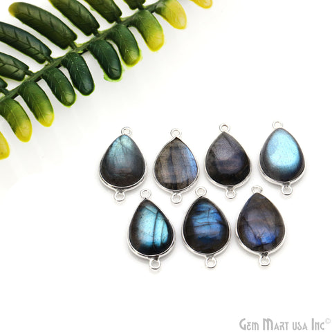 Flashy Labradorite Cabochon 12x16mm Pears Double Bail Silver Plated Gemstone Connector