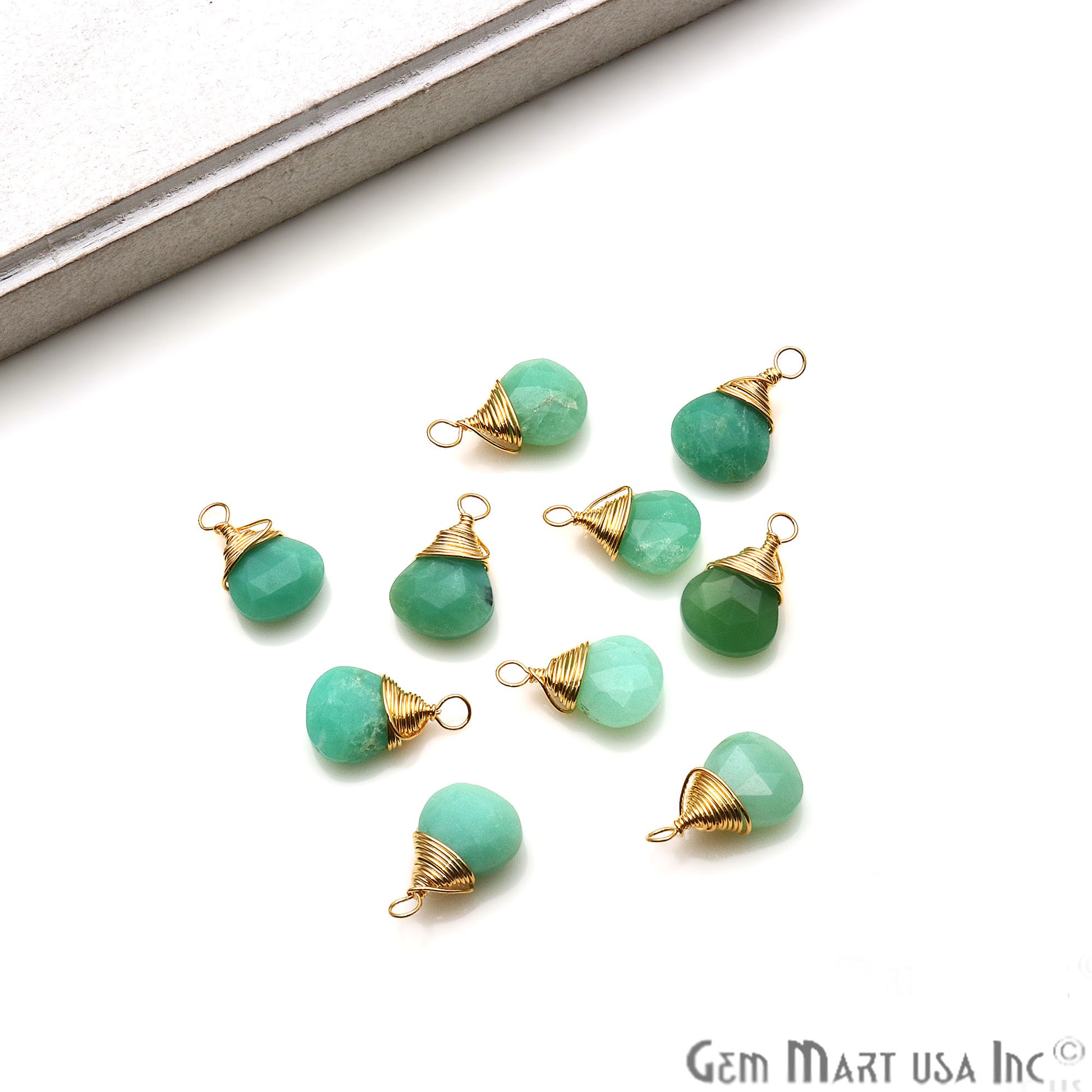 Chrysoprase Drop 15x9mm Gold Wire Wrapped Gemstone Connector - GemMartUSA