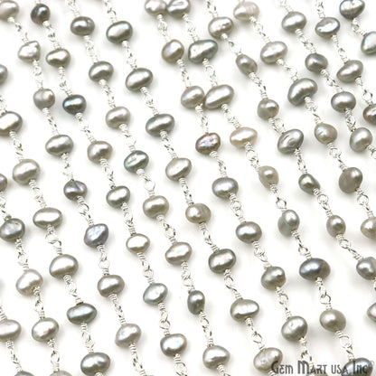 Gray Pearl Free Form Beads 4-5mm Silver Plated Wire Wrapped Rosary Chain