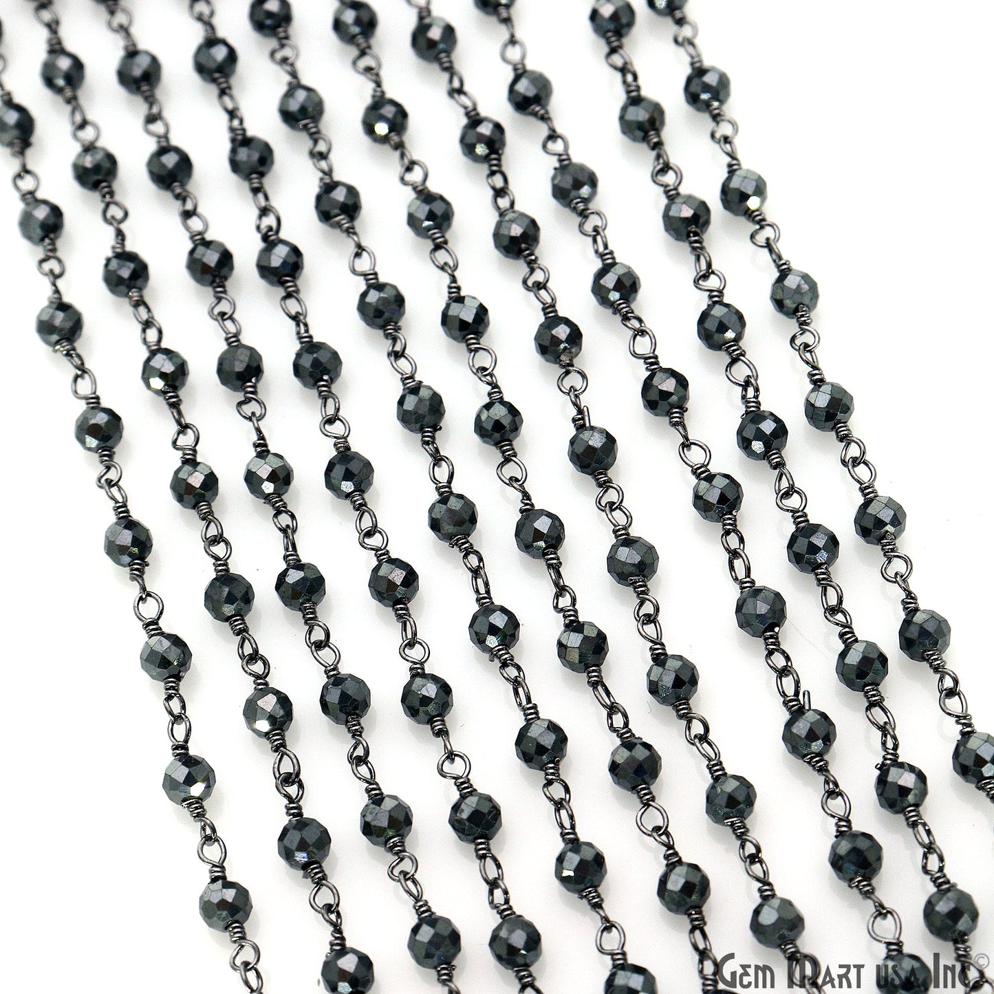 Black Pyrite Faceted Round 3-3.5mm Tiny Beads Oxidized Wire Wrapped Rosary Chain