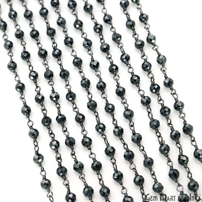 Black Pyrite Faceted Round 3-3.5mm Tiny Beads Oxidized Wire Wrapped Rosary Chain