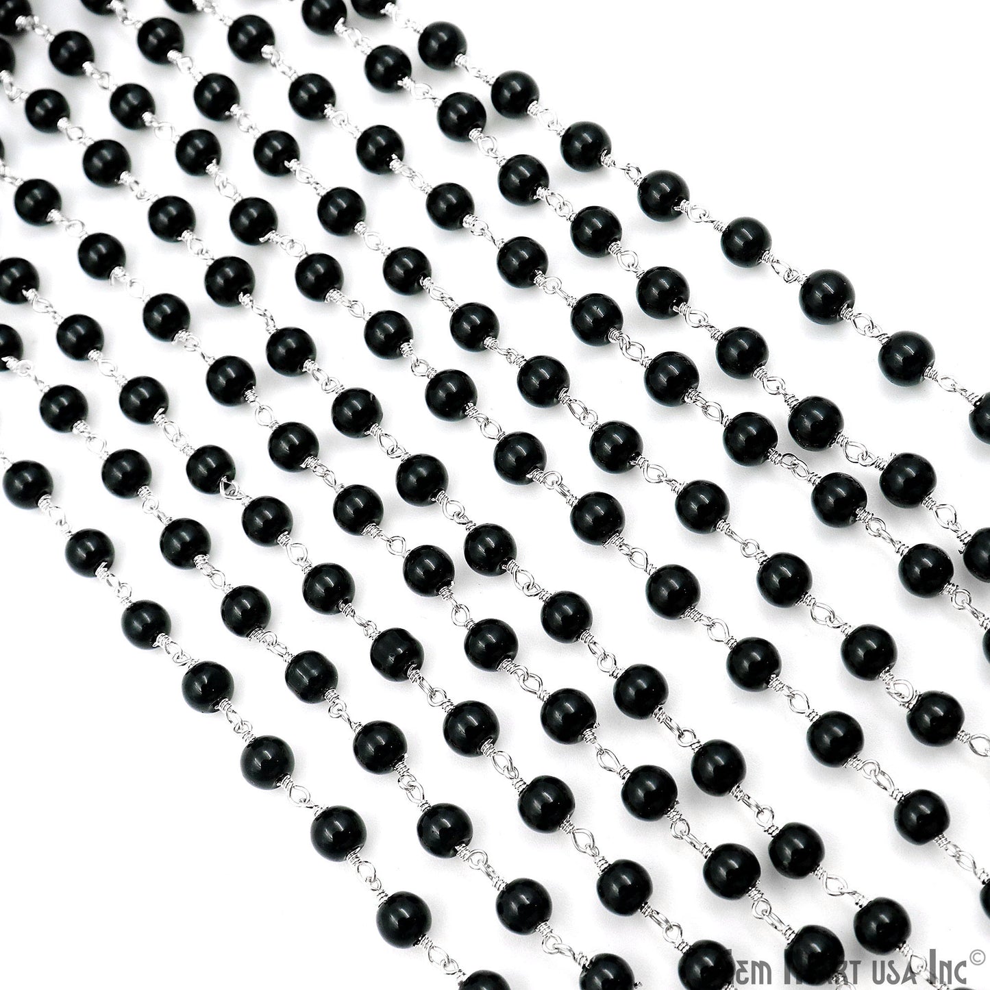 Black Tourmaline Cabochon Beads 6mm Silver Plated Gemstone Rosary Chain