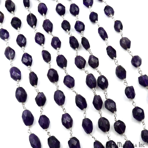 Amethyst Faceted Beads 6x8mm Silver Wire Wrapped Rosary Chain