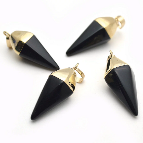 Black Onyx Point Pendant Gold Electroplated Healing Gemstone Necklace Pendant(GPBO-14055) - GemMartUSA