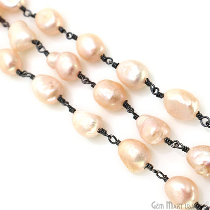 Pink Pearl Free Form Beads 6-8mm Oxidized Wire Wrapped Rosary Chain