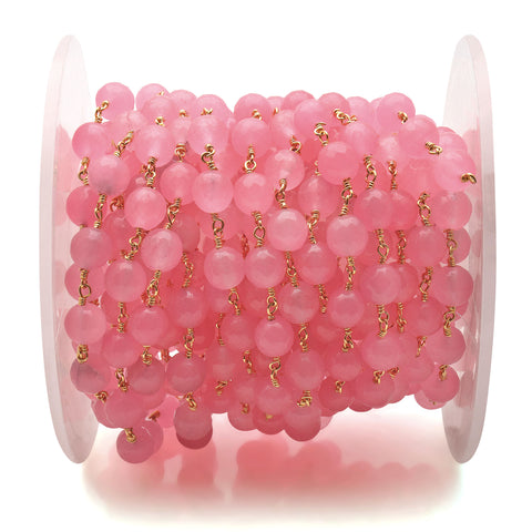 Hot Pink Jade 8mm Beads Gold Plated Wire Wrapped Rosary Chain - GemMartUSA (763726037039)