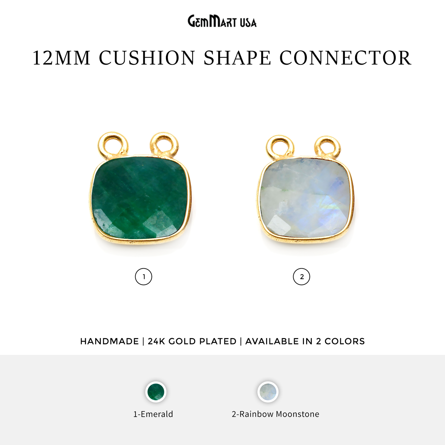 Cushion 12mm Gold Bezel Cat Bail Gemstone Connector