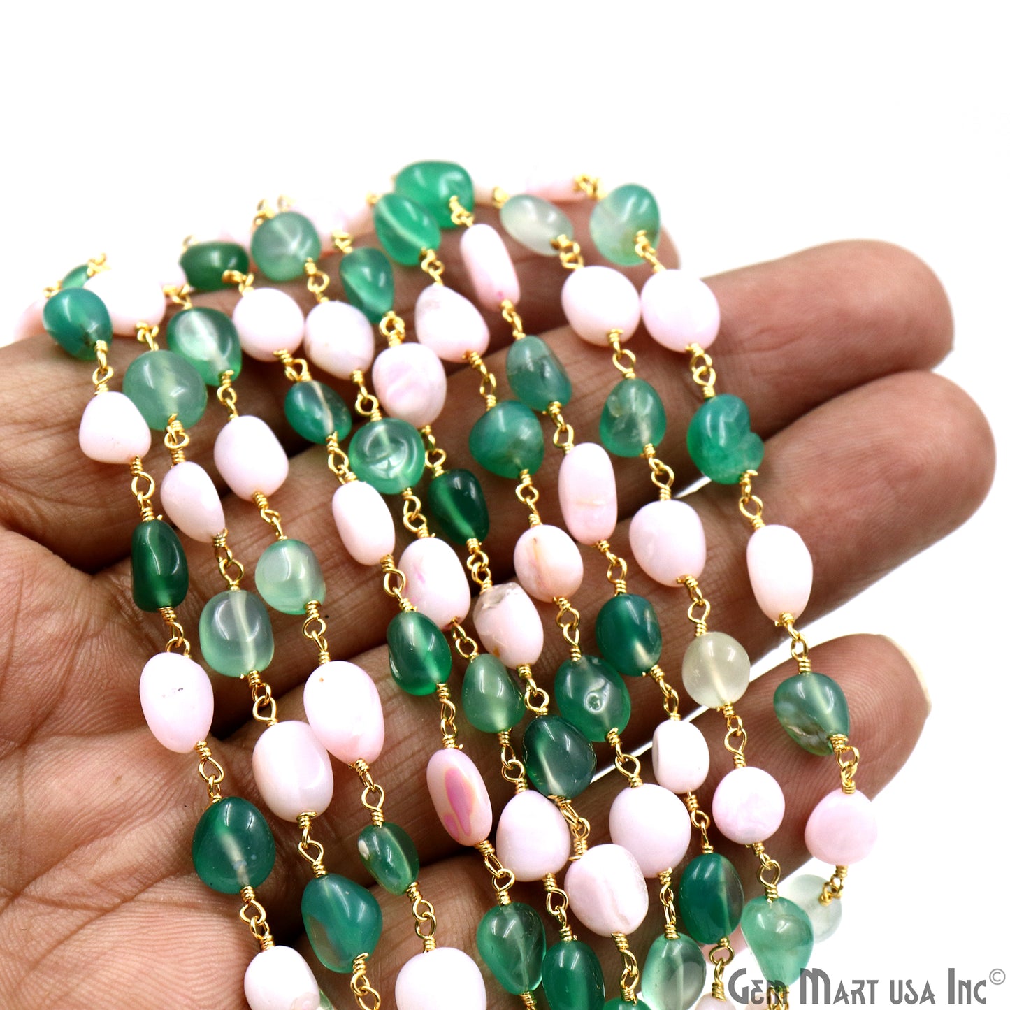 Shaded Green Onyx & Pink Opal 8x5mm Tumble Beads Gold Plated Rosary Chain