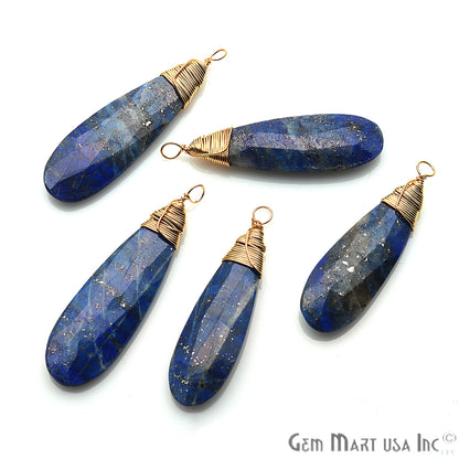 Lapis Lazuli 41x10mm Pear Shaped Gold Wire Wrapped Connector Pendant - GemMartUSA