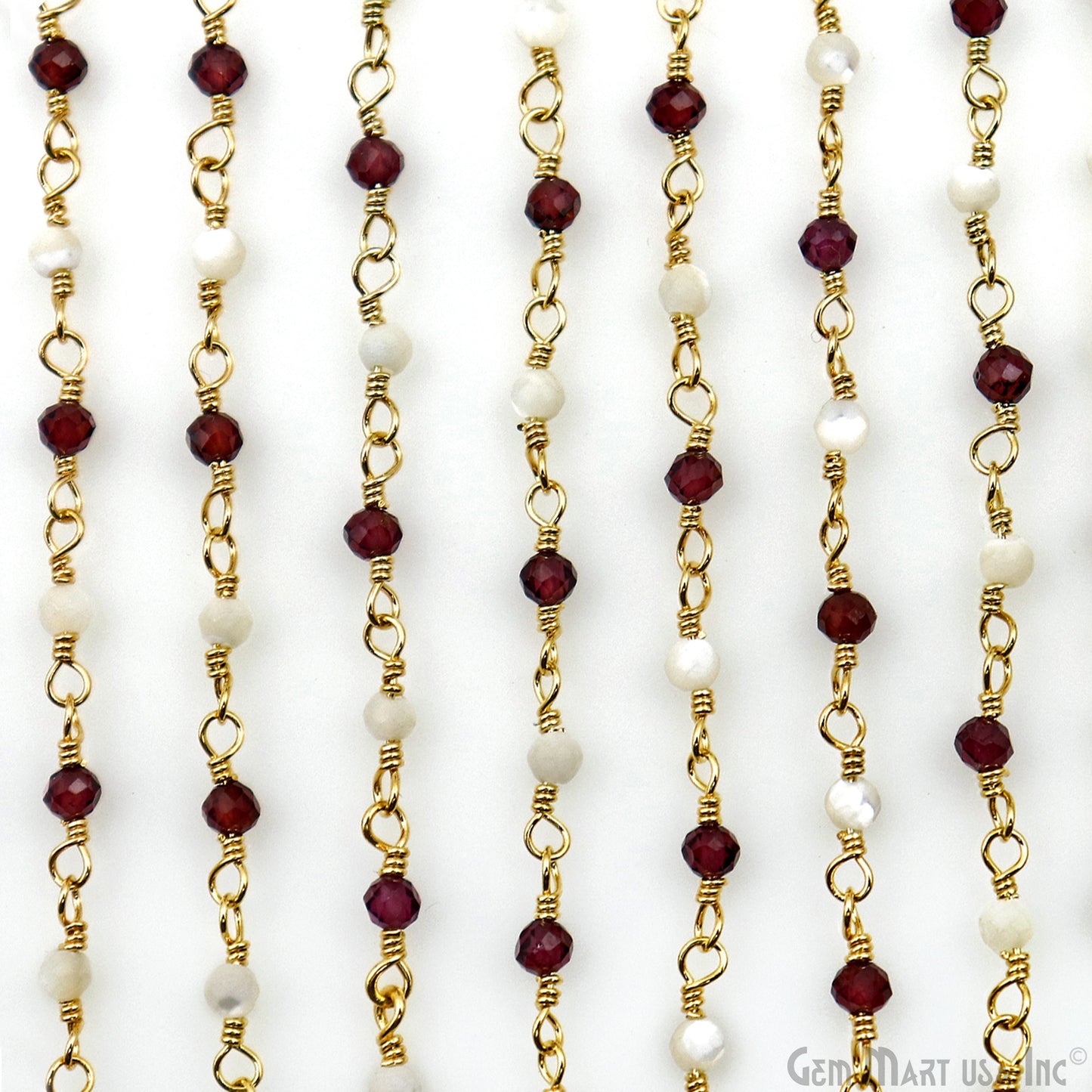 Rhodolite & Mother Of Pearl Gold Plated Wire Wrapped Gemstone Beads Rosary Chain