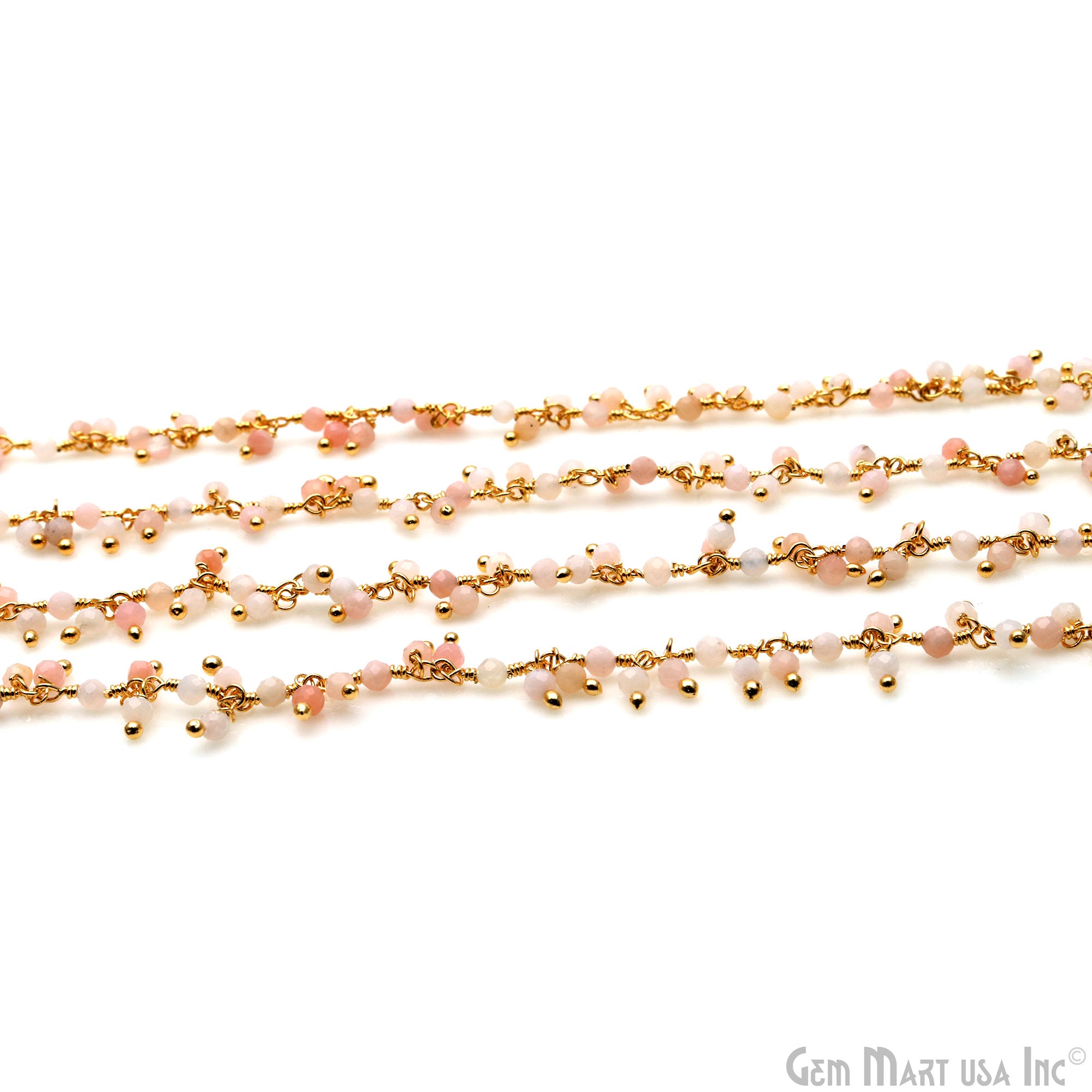 Pink Opal Faceted Beads Gold Wire Wrapped Cluster Dangle Rosary Chain (764175581231)