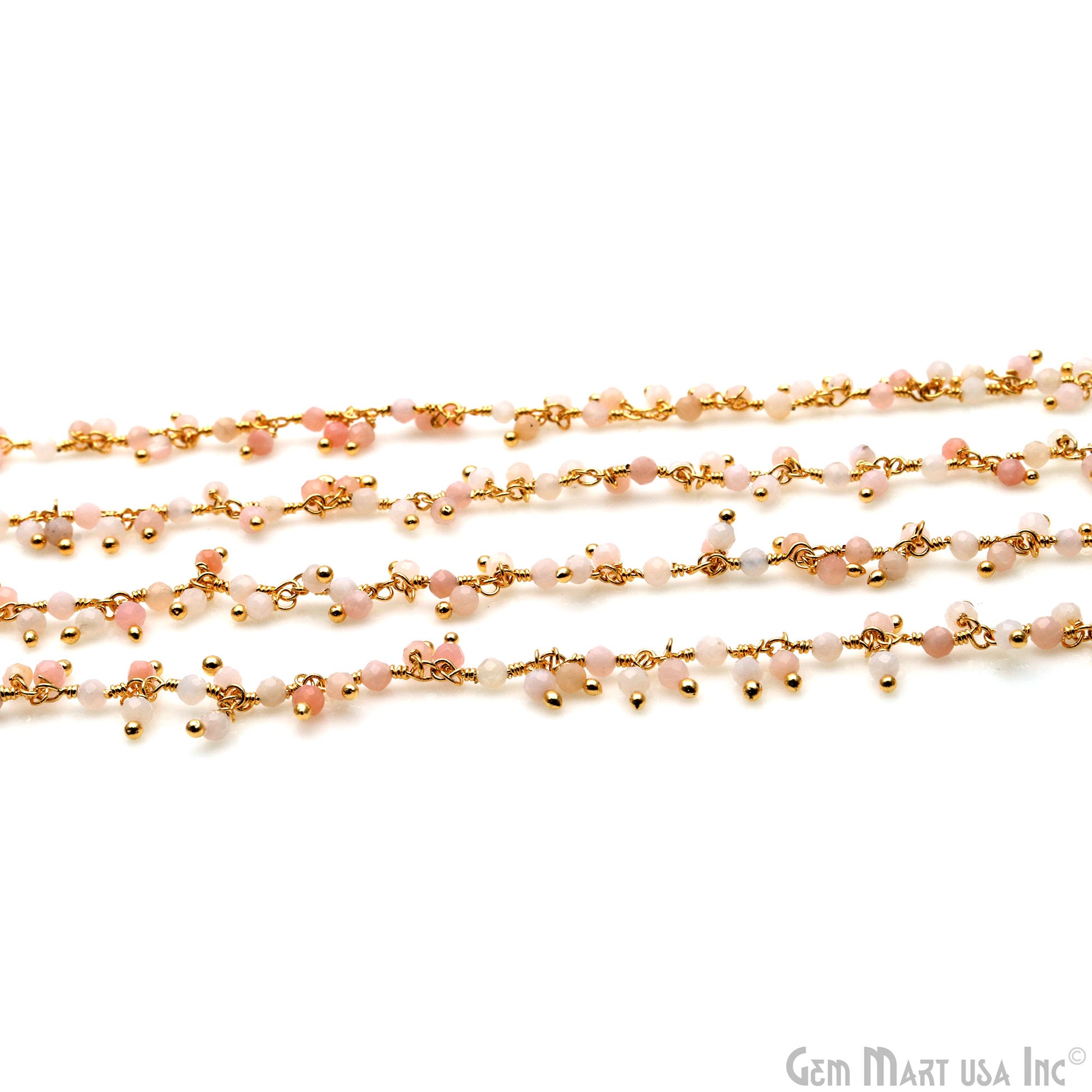 Pink Opal Faceted Beads Gold Wire Wrapped Cluster Dangle Rosary Chain (764175581231)