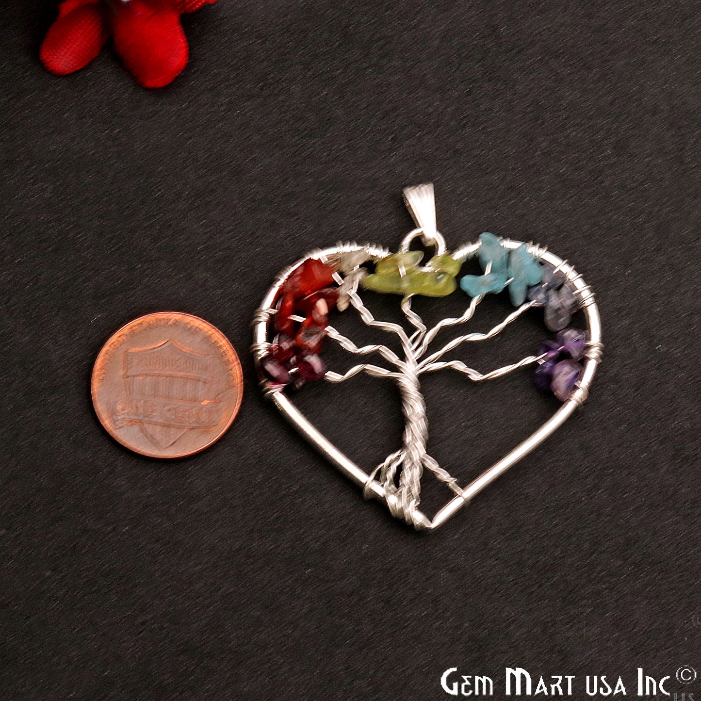 Multi Color Tree Of Life 43x39mm Silver Wire Wrapped Heart Shape Pendant - GemMartUSA