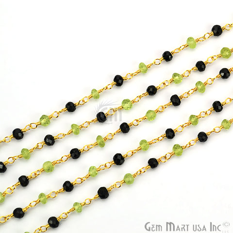 Black Spinel With Peridot Gold Plated Wire Wrapped Rosary Chain