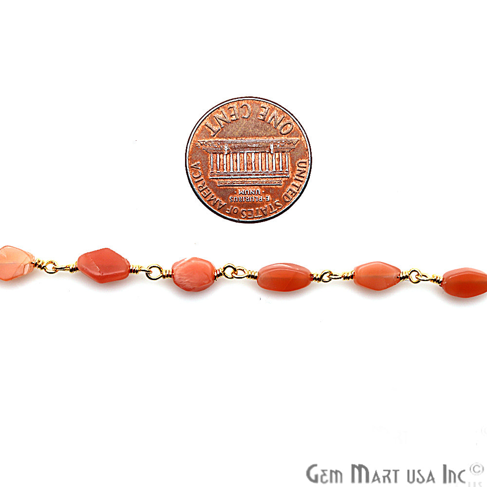 Orange Moonstone 6x9mm Gold Plated Wire Wrapped Beaded Rosary Chain - GemMartUSA