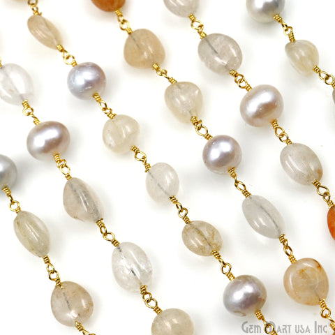 Sunstone Tumble & Gray Pearl Gold Plated Wire Wrapped Rosary Chain