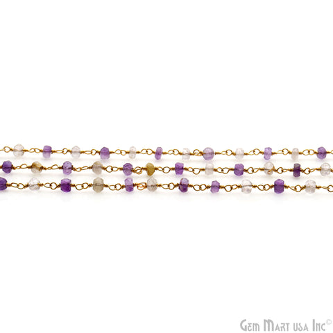 Amethyst & Golden Rutile Beads 3-3.5mm Gold Plated Wire Wrapped Rosary Chain