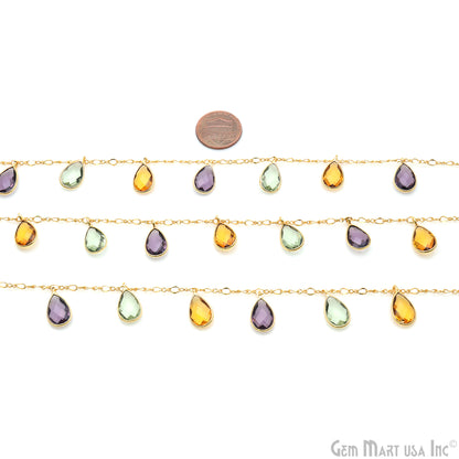 Green Amethyst, Citrine, Amethyst Pears Gold Bezel Connector Dangle Rosary Chain