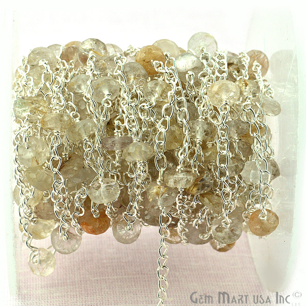 Golden Rutilated Beads Chain, Silver Plated Wire Wrapped Rosary Chain (763954987055)