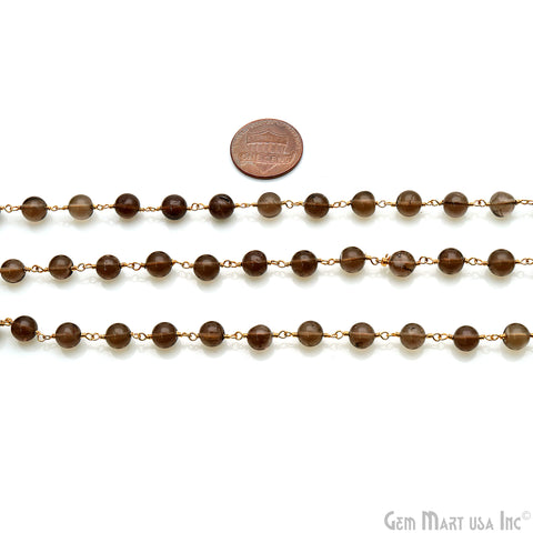 Smoky Topaz 5-6mm Gold Plated Round Cabochon Beads Rosary Chain